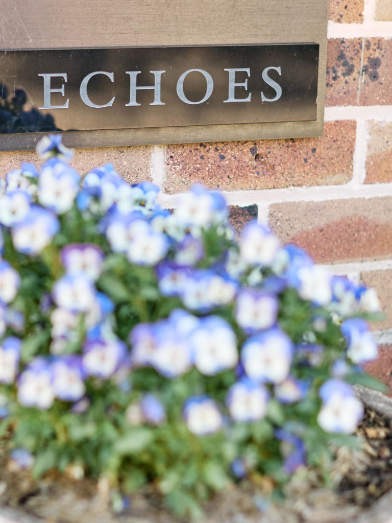 Echoes Boutique Hotel and Restaurant sign on brick wall behind purple flowers
