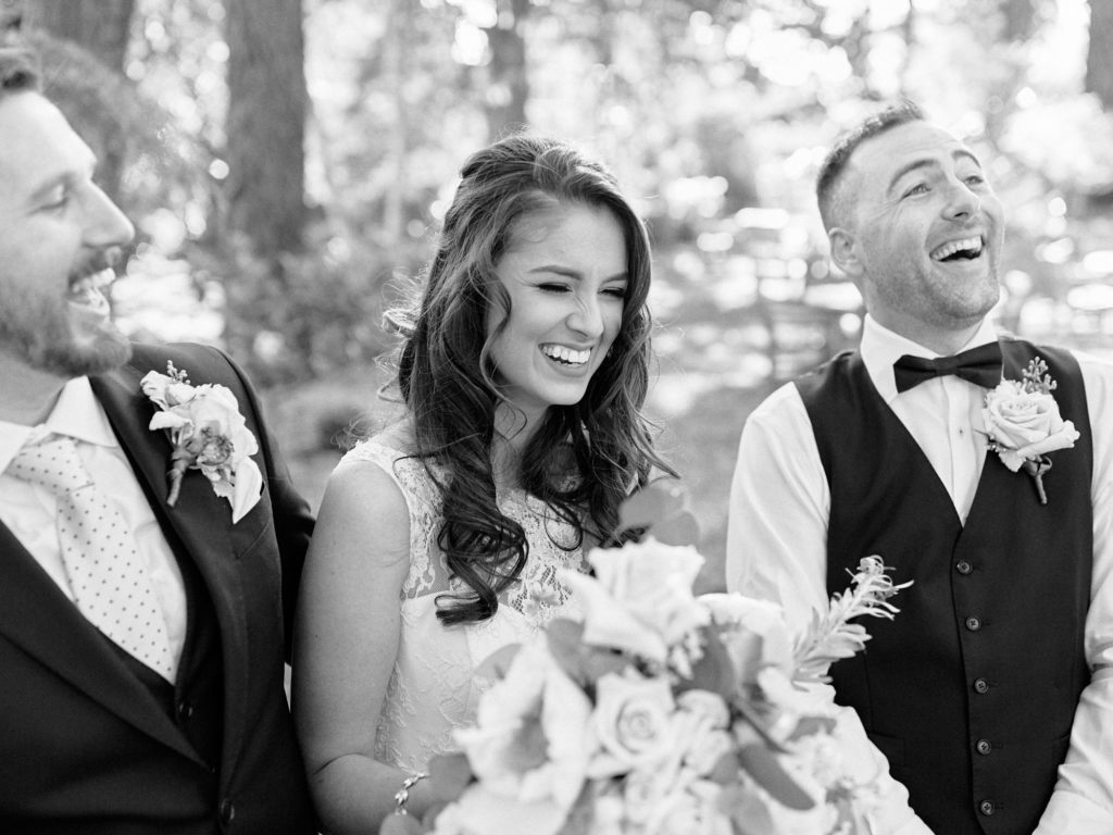 Close up of bridal party laughing