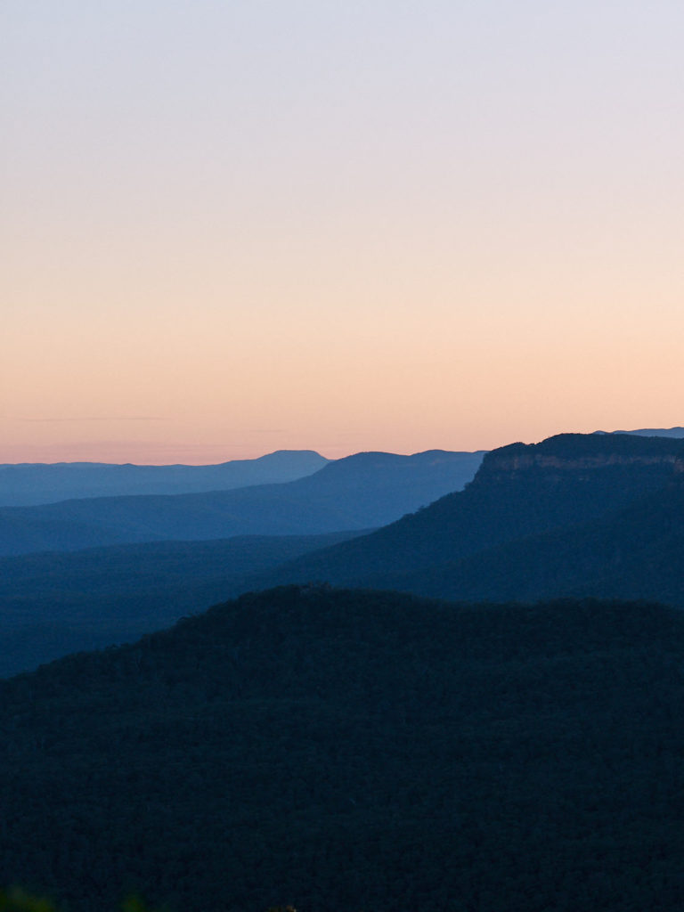 View of valley and escarpments at sunset in the Blue Mountains
